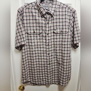 Carhartt Men’s Short Sleeve Plaid Button-Down Shirt Size L Beige Navy Red
